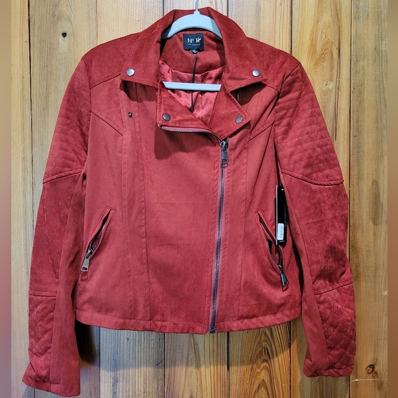 Women's Red Faux Suede Jacket with Quilted Sleeves - Picture 1 of 12
